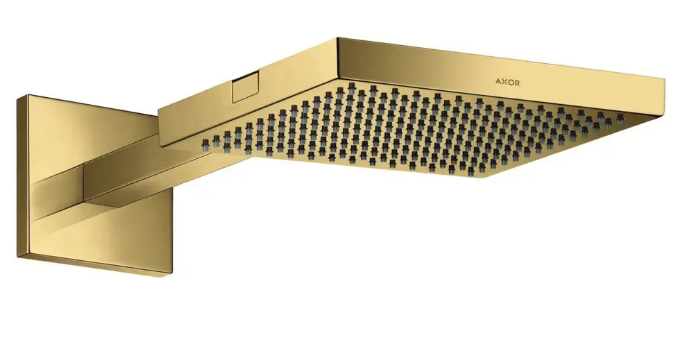 Kopfbrause mit rechteckiger Form und Brausearm in polierter Gold-Optik, montiert an einer Wand, mit gleichmäßig verteilten Düsen. Marke AXOR sichtbar.